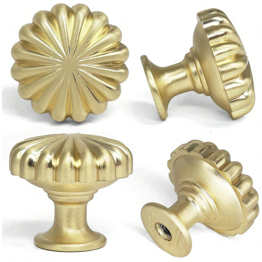 4 Pack Brushed Brass Cabinet Knobs Pulls Vintage Cupboard Dresser Knob Modern Simple Gold Drawer Handles Single Hole Pumpkin Knobs