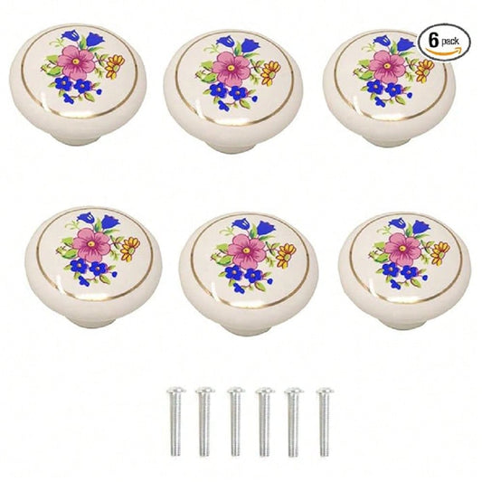 6Pcs 1-1/2 inch Hand Painted Ceramic Knobs Kitchen Cabinet Retro Vintage Door Drawer Handles Pulls for Dresser Cupboard Wardrobe (Orchid)