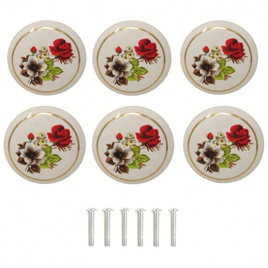 6Pcs 1-1/2 inch Hand Painted Ceramic Knobs Kitchen Cabinet Retro Vintage Door Drawer Handles Pulls for Dresser Cupboard Wardrobe (Red Rose)