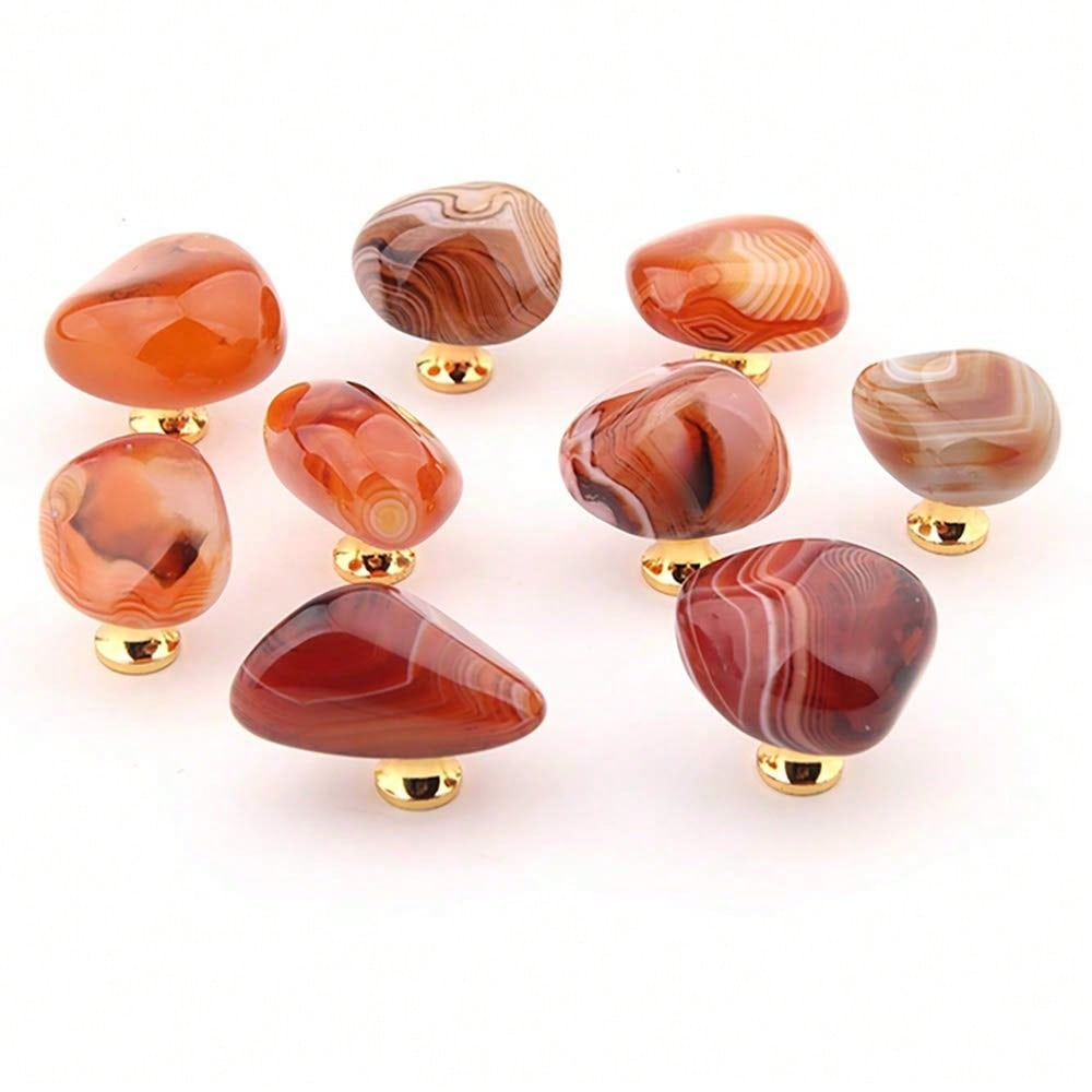 4pcs Light Luxury Red Agate Carnelian Handles Metal Base Drawer Cabinet Wooden Box Knobs Carnelian Kitchen Cabinet Pulls