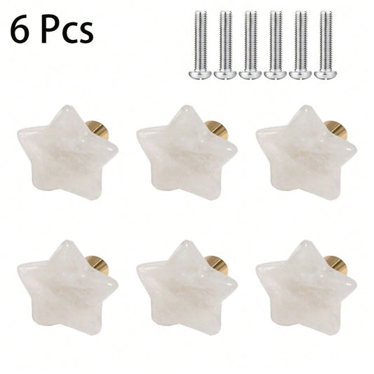 6 Pcs Brass five-pointed star drawer single-hole handles Light luxury creative room cabinet door cabinet furniture natural crystal small knobs