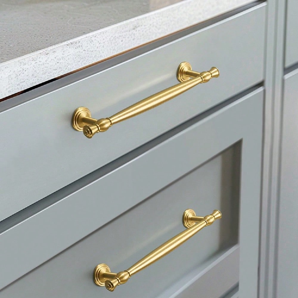 1 Pack Brushed Gold Cabinet Pulls, Single hole,3.78 Inch(96mm)5 Inch (128mm), 6.3 Inch (160mm),Solid Brass Kitchen Cupboard Bathroom Dresser Handles, Furniture Hardware Drawer Pulls Cabinet Handles