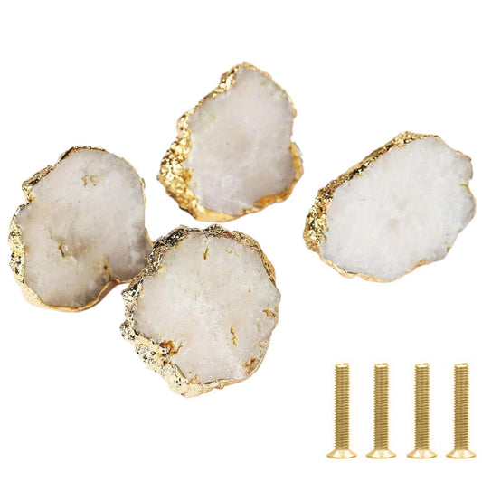 Natural Ore Crystal Pulls, Light Luxury Brass Single Hole Drawer Knobs, Gold Plated Gemstone Pulls, White 4 Piece 1.49“-1.88”/0.9“-0.98” (L/W) crystal knobs for drawers crystal knobs for cabinets