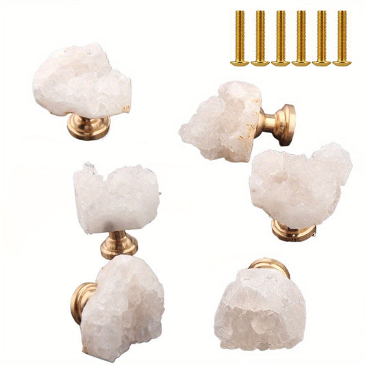 White Natural Fluorite Drawer Knobs, Brass Cabinet Pulls, 6pcs