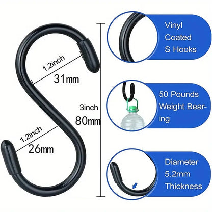 3 Inches S Hooks For Hanging, Metal Black Rubber Coated S Hooks For Plants, Clothes, Pans, And Cups 30 Pcs